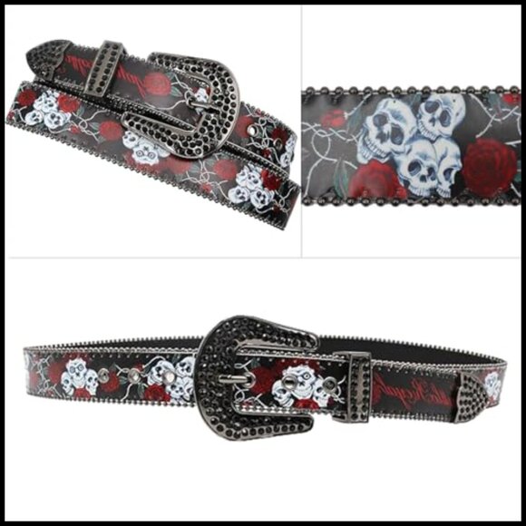 Skull Rhinestone Belt Western Punk Goth Emo Sequin Cowgirl Cowboy